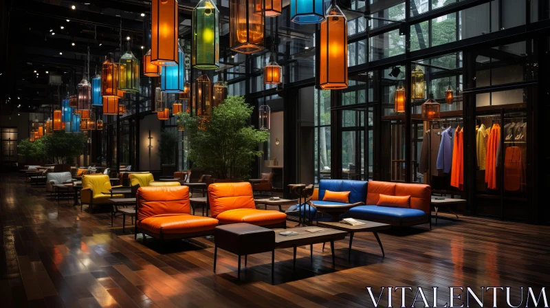 Vibrant and Colorful Lobby with Wooden Floors and Hanging Lamps AI Image