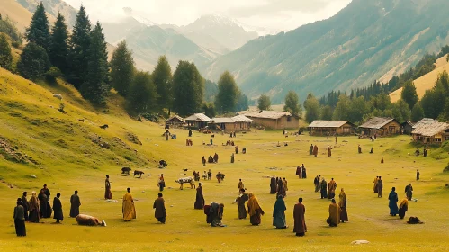 Valley Village with Mountain Backdrop