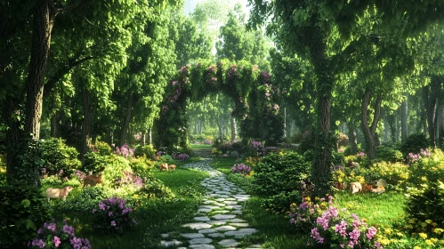 Sunlit Forest Glade with Floral Arch