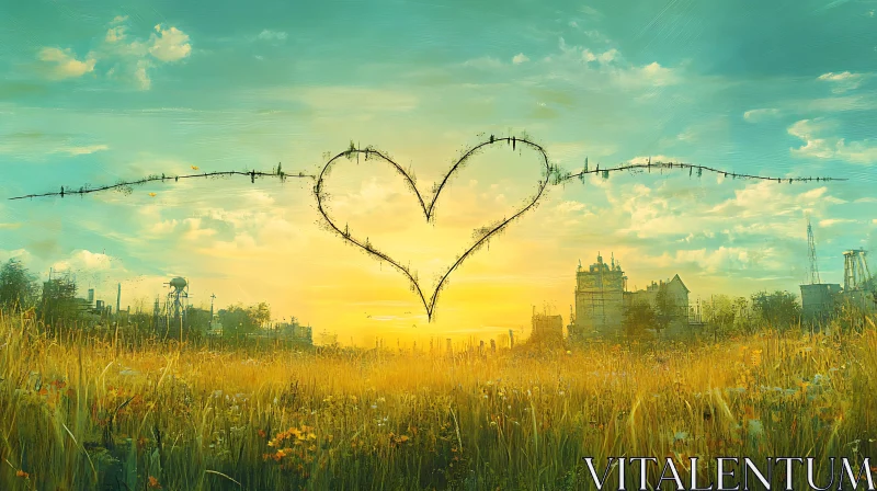 AI ART Golden Field with Heart in the Sky