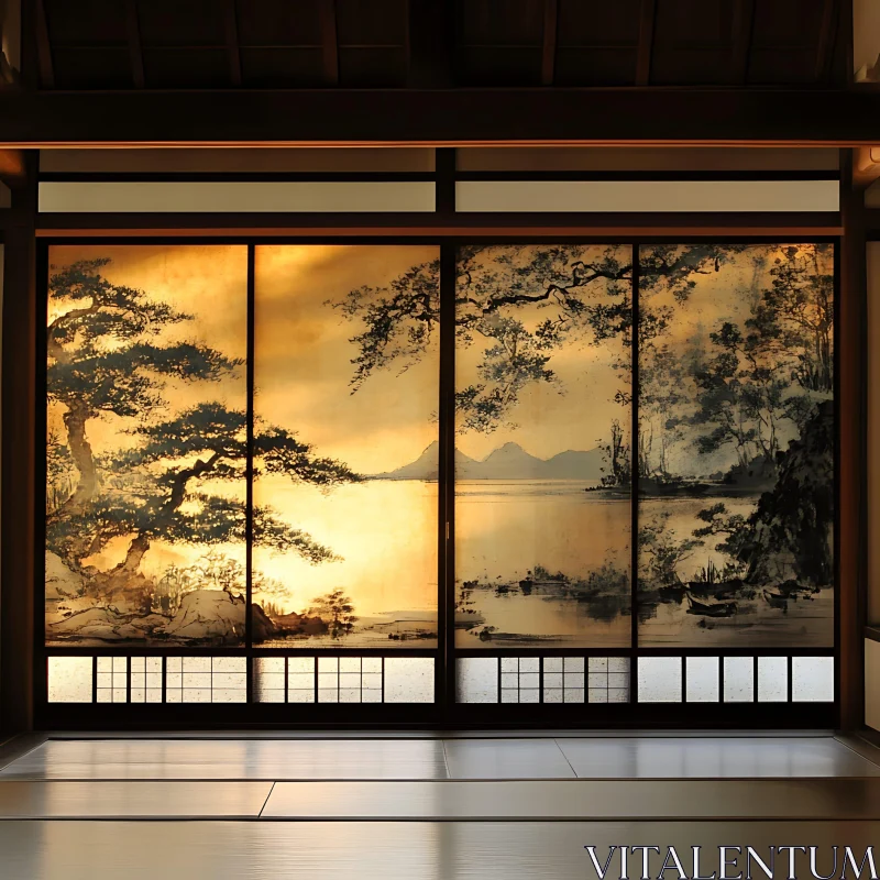 Tranquil Landscape on Japanese Sliding Doors AI Image