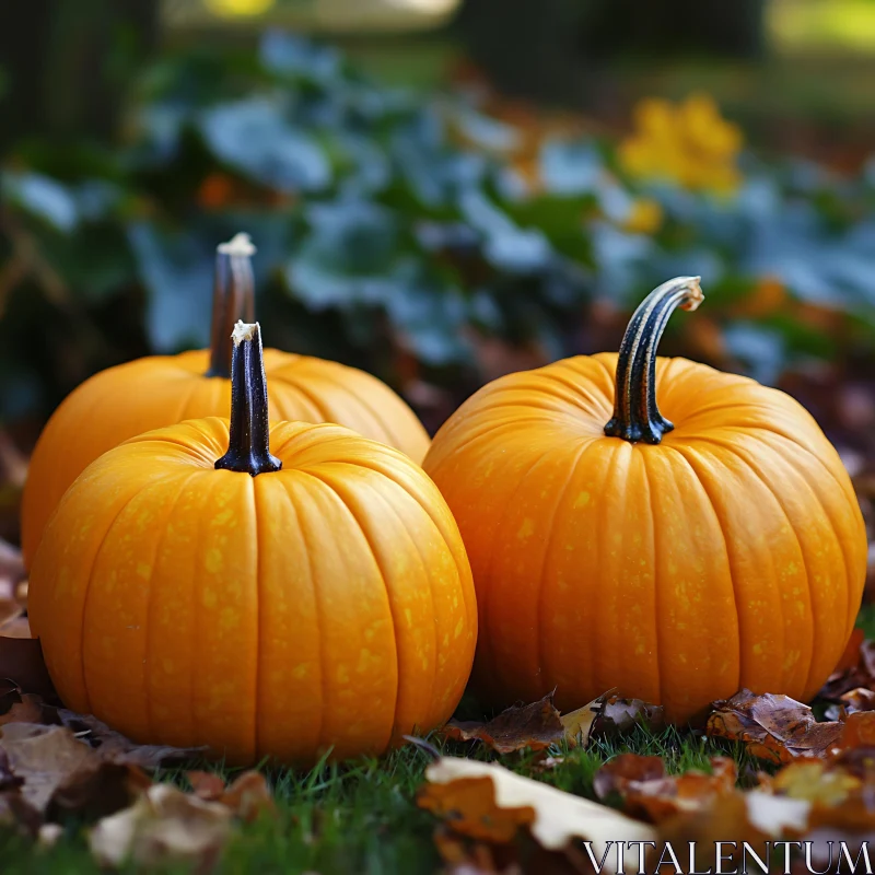 Three Orange Pumpkins on the Grass AI Image