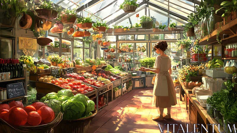 Sunlit Greenhouse with Woman and Vegetables AI Image