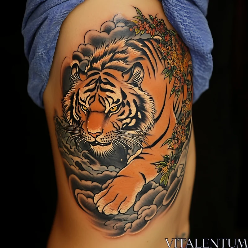 Intricate Floral and Tiger Tattoo Art AI Image