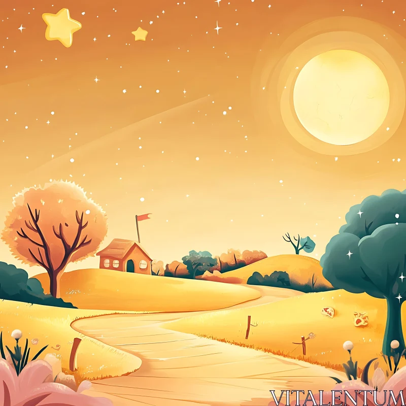 AI ART Moonlit Cartoon Landscape with Cozy House