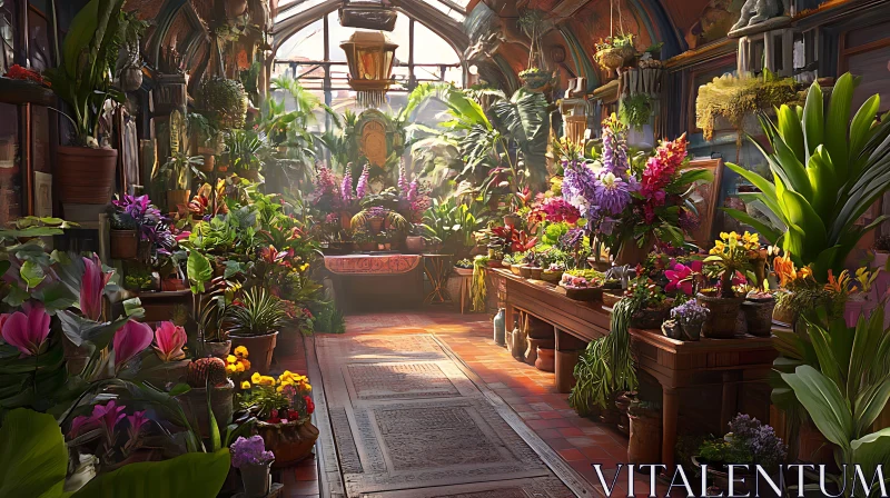 Lush Greenhouse Interior With Floral Variety AI Image