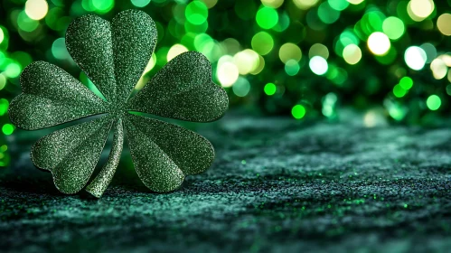 Magical Green Four-Leaf Clover with Sparkling Background