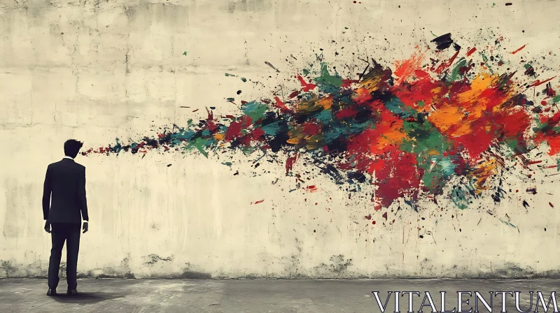 AI ART Abstract Explosion on Wall with Standing Figure