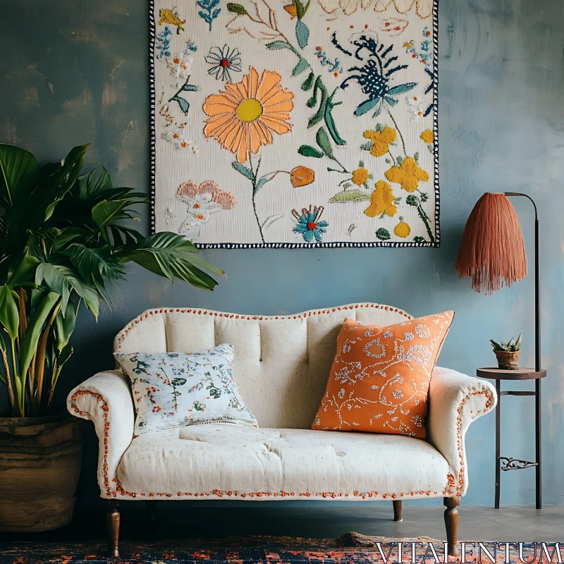 AI ART Cozy Home Interior with Sofa and Plant