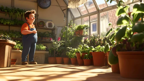 Sunlit Greenhouse with Boy and Plants