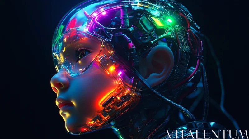 Detailed Cyborg with Transparent Helmet and Neon Display AI Image