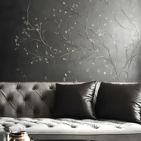 Chic Interior with Floral Wall and Grey Couch