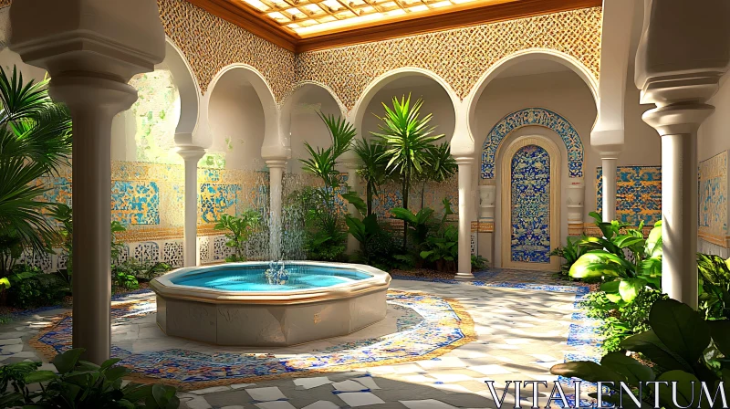 Interior Courtyard with Fountain and Greenery AI Image