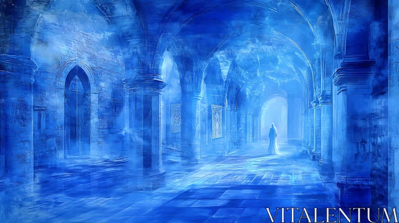 AI ART Monochromatic Blue Hallway Painting