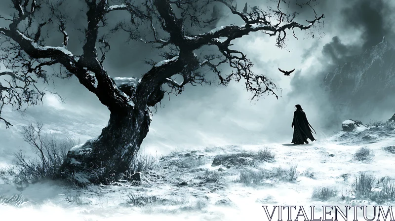 Figure in Winter Landscape with Raven AI Image