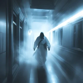 Mysterious Figure in Foggy Corridor