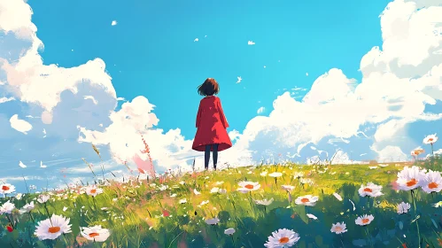 Red Coat Girl in Flower Meadow