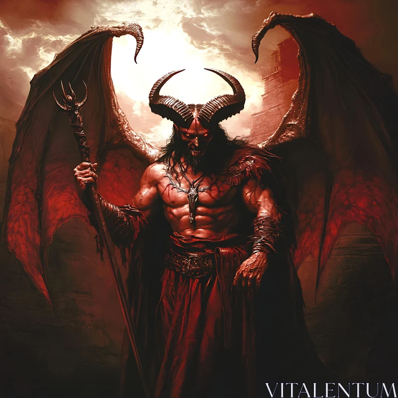 AI ART Crimson Demon with Trident and Wings