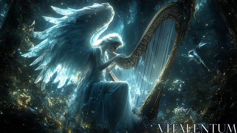 AI ART Celestial Angel Playing Harp in Dreamy Light