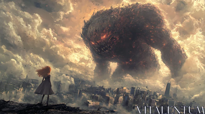 Apocalyptic Standoff: Girl vs. Giant Monster AI Image