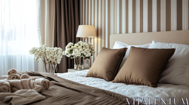 Calm Bedroom with Decorative Flowers AI Image