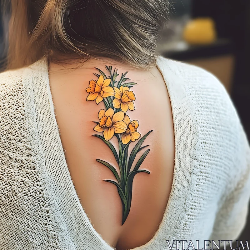 Floral Daffodil Tattoo on Upper Back AI Image