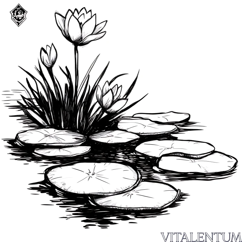 Tranquil Pond with Water Lilies and Lily Pads - Black and White Illustration AI Image