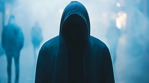 Shadowy Figure in Ethereal Blue Haze