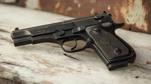 Glossy Handgun on Rustic Background