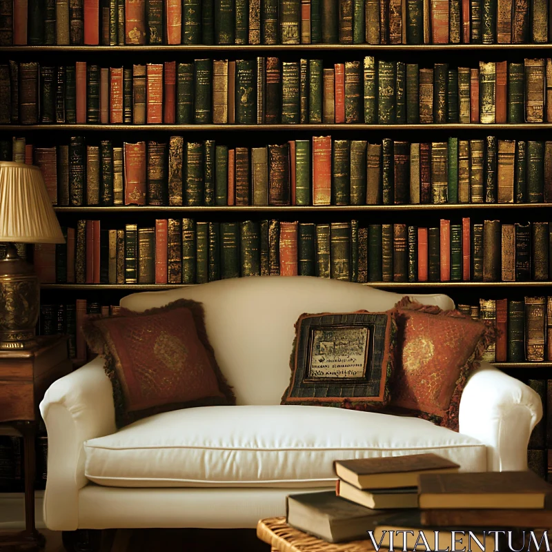 Classic Library Room with White Sofa AI Image