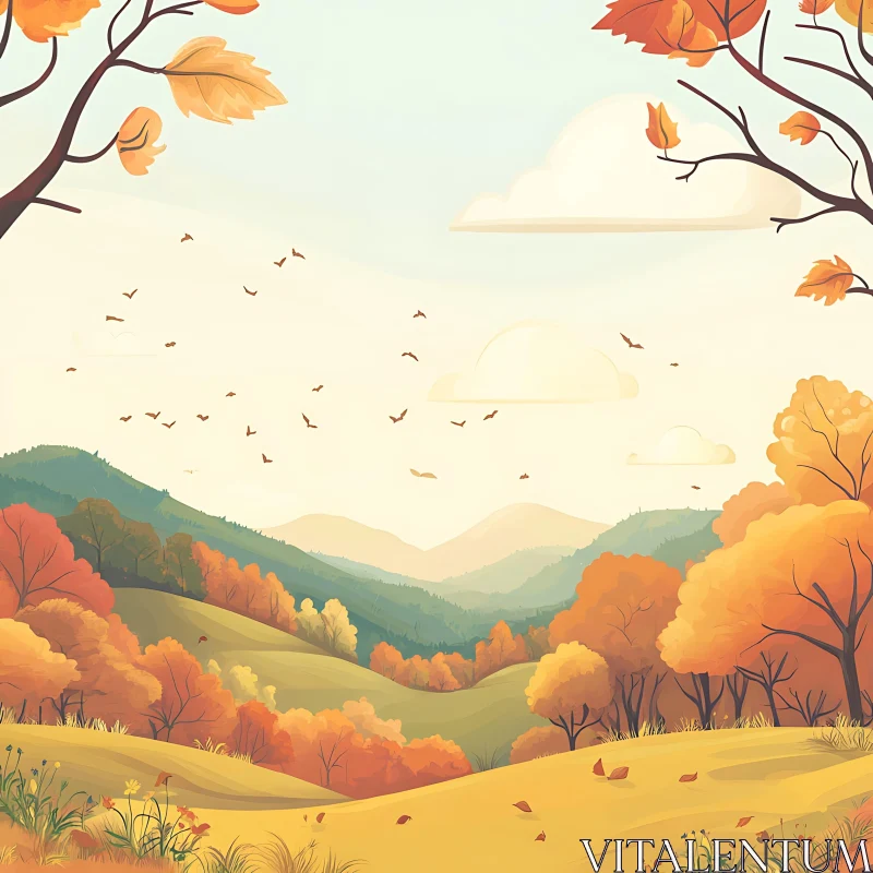 Scenic Autumn Hills and Flying Birds AI Image