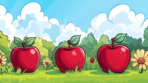 Cartoon Apples in Sunny Meadow