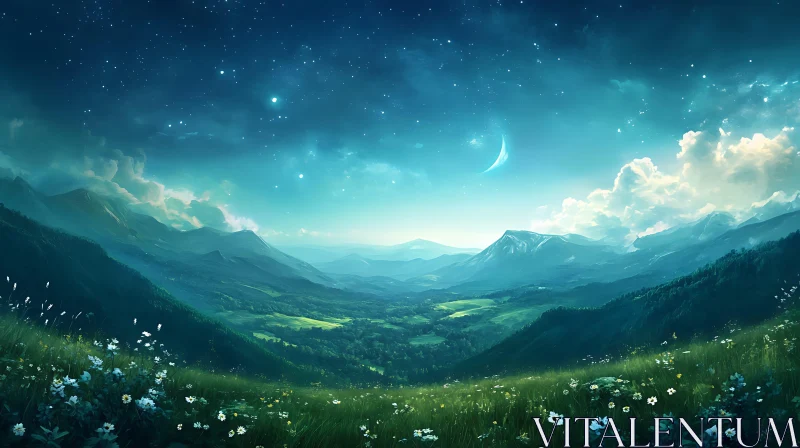 AI ART Starlit Mountain Vista with Green Valley