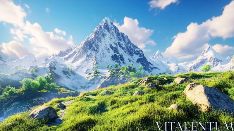 Majestic Mountain View with Snow and Greenery AI Image