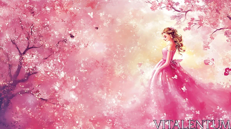 Lady in Pink Gown with Flowers AI Image