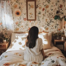 Woman in Floral Bedroom