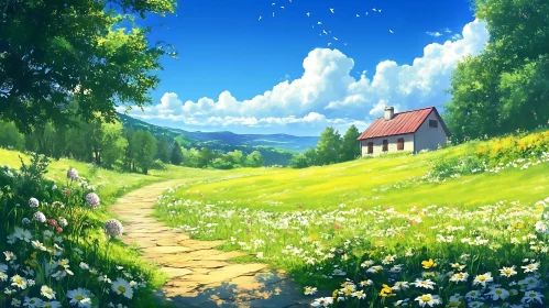 Sunlit Meadow and Country House