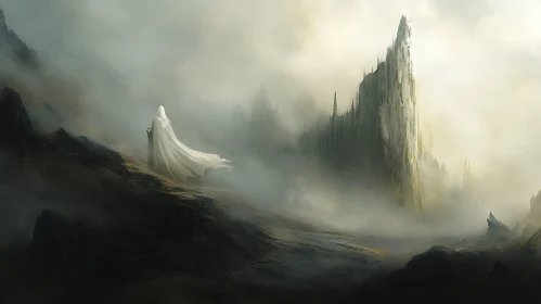 Ethereal Figure in Foggy Landscape