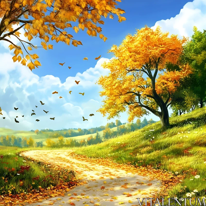 AI ART Autumnal Path with Golden Trees