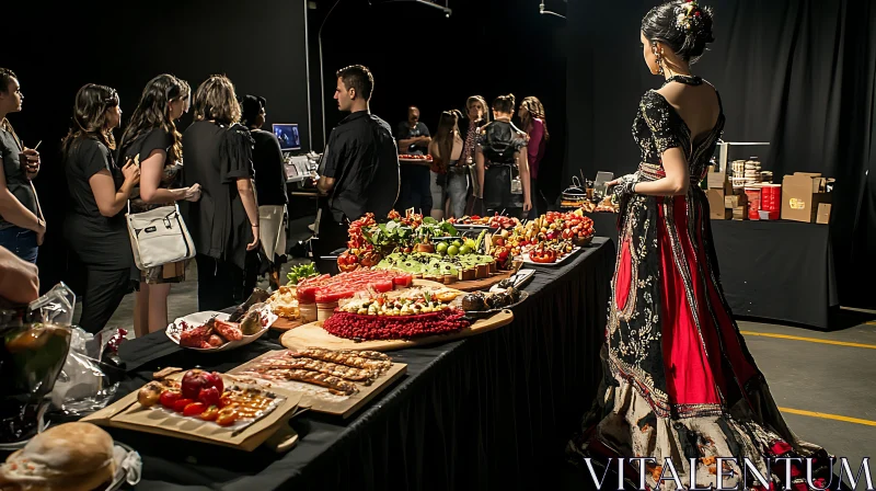 Lavish Feast with Traditional Dress and Conversing Guests AI Image