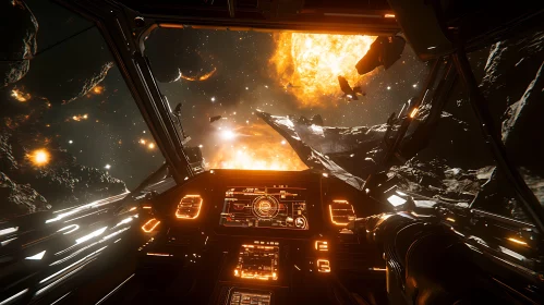 Spaceship Cockpit View of Star and Asteroids