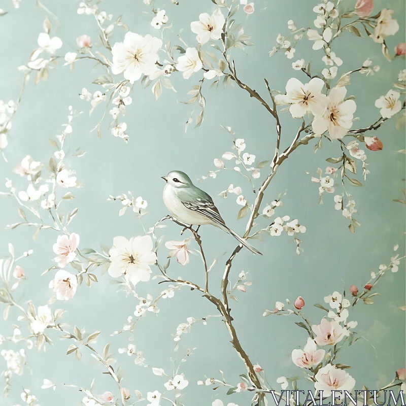 Pastel Bird with Floral Branch AI Image