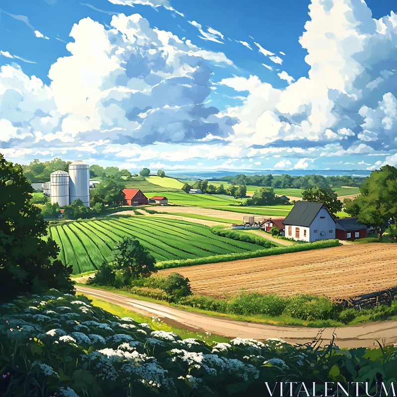 Rural Farm Scenery with Blue Sky AI Image