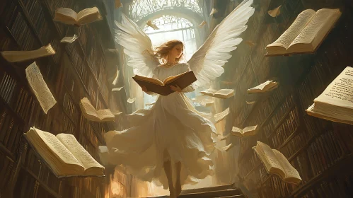 Ethereal Angel Reading in Dreamy Library