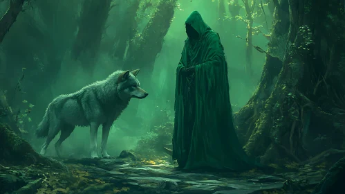 Green Cloak and Wolf in Forest