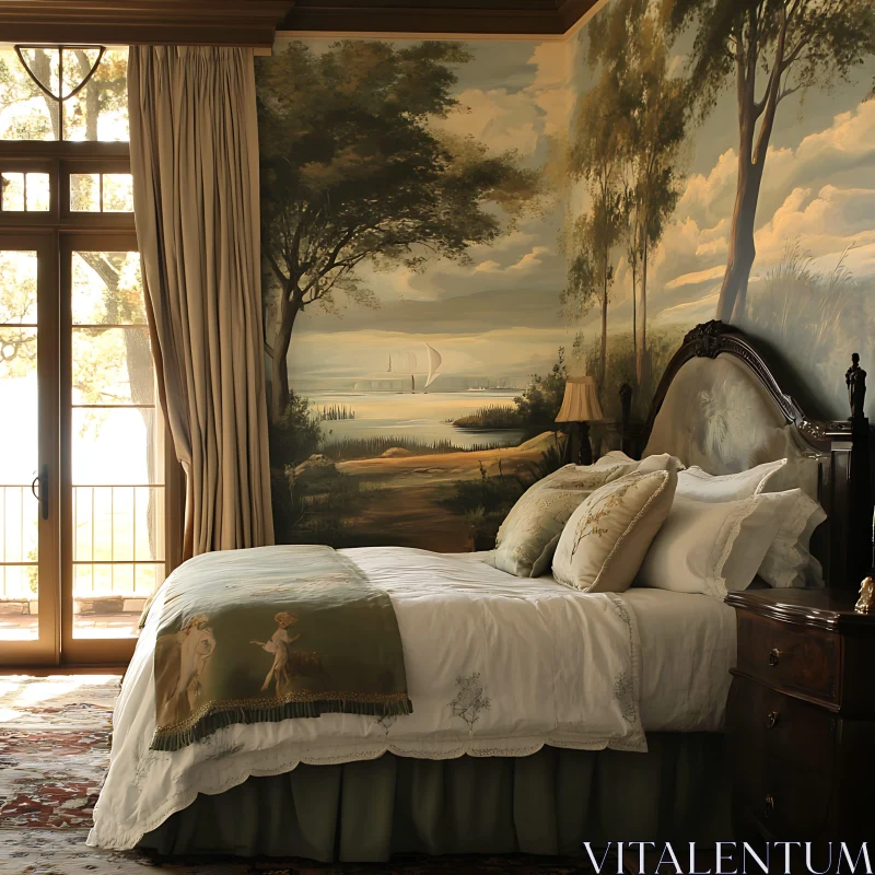 Classic Bedroom Interior with Scenic Mural AI Image