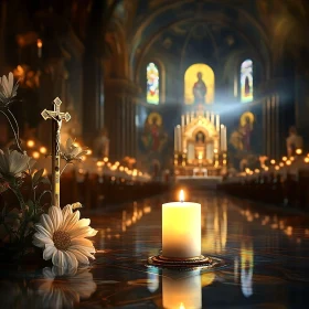 Serene Candle and Cross in Church