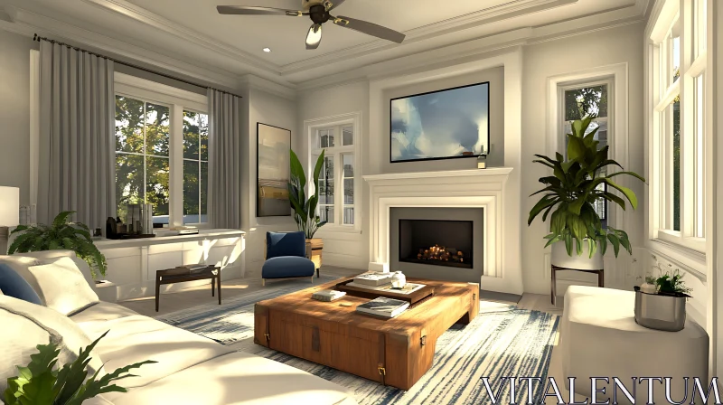 AI ART Sunlit Living Space with Fireplace