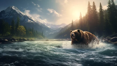 Bear Amidst Mountain River and Waterfall - Adventure in Wilderness