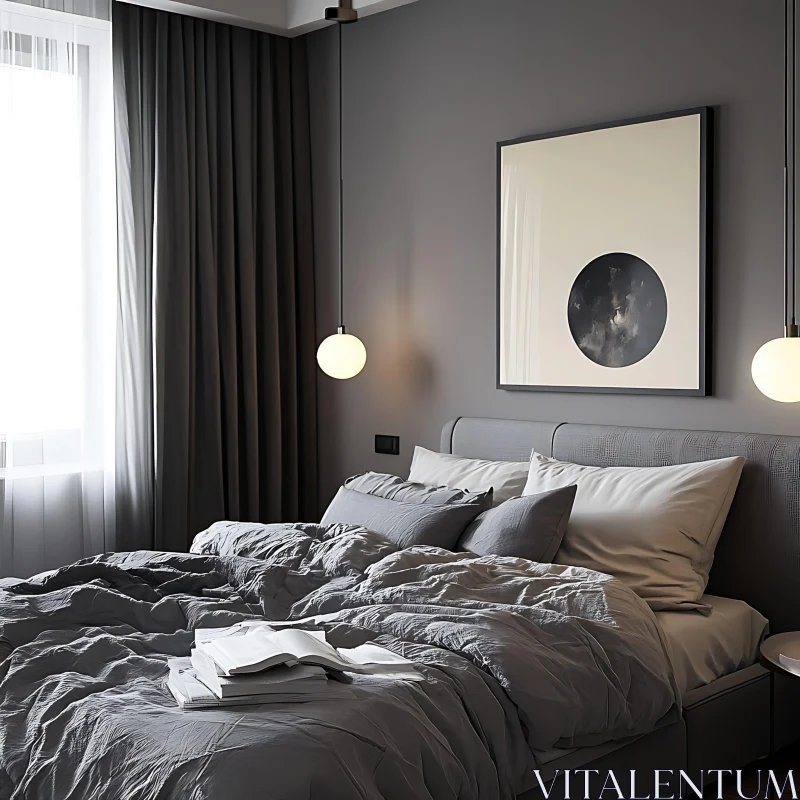 AI ART Minimalist Bedroom with Gray Palette